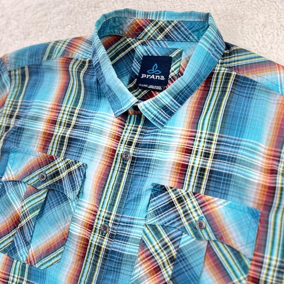 Prana Other - PrAna Short Sleeve Shirt Men's XL‎ Blue Red Plaid Button Up Pockets